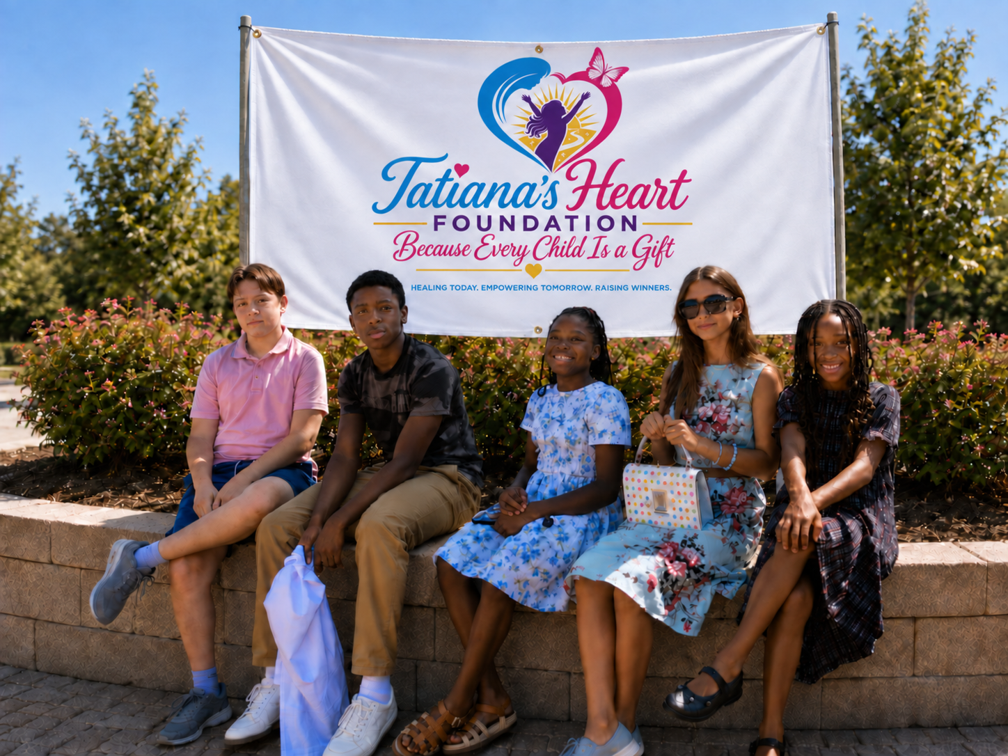 Children gathered in front of a Tatiana's Heart Foundation banner