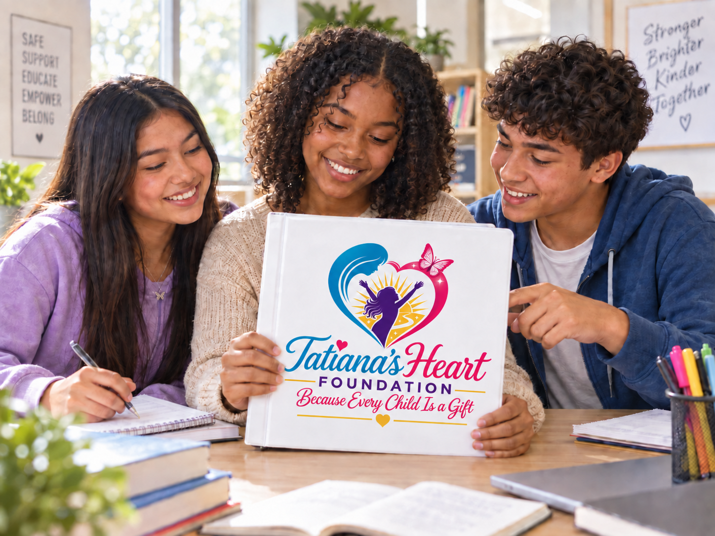Students reviewing the Tatiana's Heart Foundation binder together