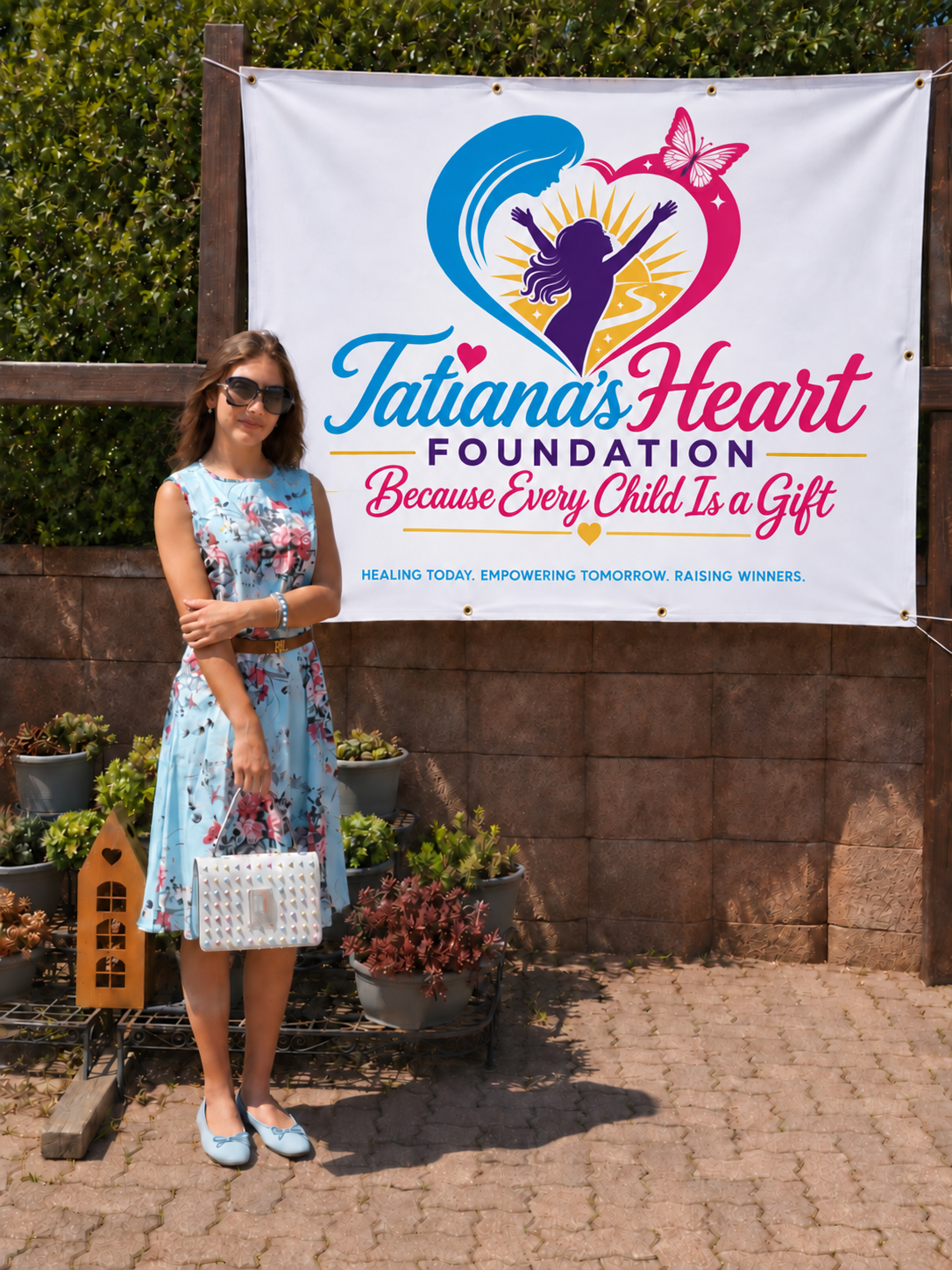 Tatiana standing beside the Tatiana's Heart Foundation banner