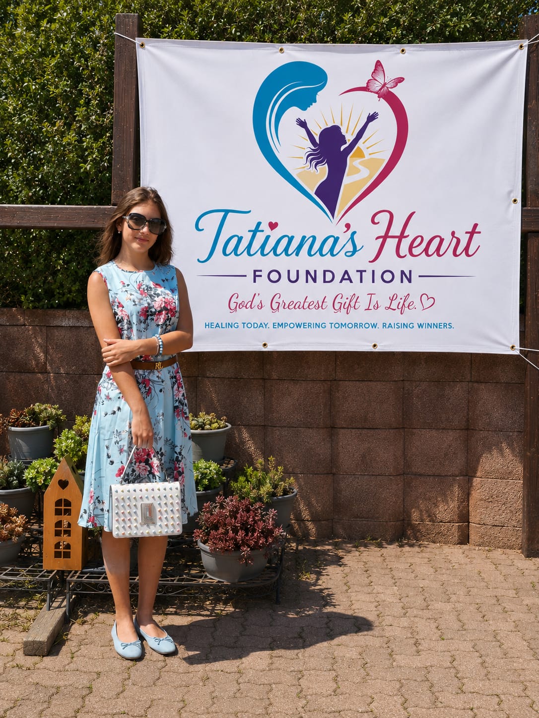 Tatiana standing beside the Tatiana's Heart Foundation banner