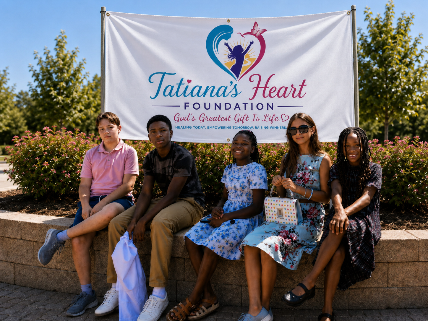 Children gathered in front of a Tatiana's Heart Foundation banner